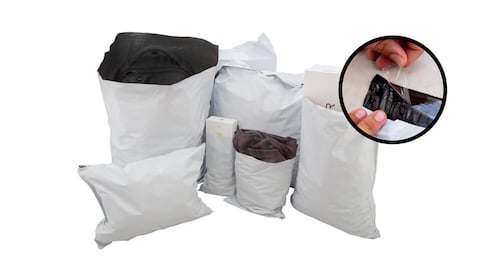 Photograph of several courier bags of multiple sizes, with an inset, zoomed in photo of a courier bag being sealed.