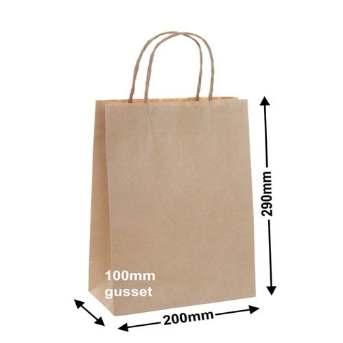 A5 Brown Paper Carry Bags 200x290mm (Qty:250) - dimensions
