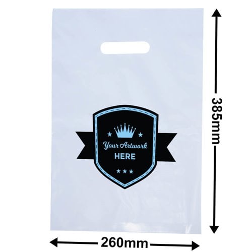 Custom Printed White Plastic Carry Bags 385x260mm 2 Colours 1 Side - dimensions