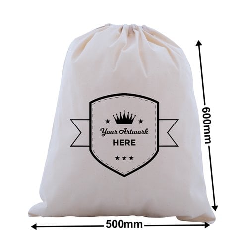 Custom Printed Calico Drawstring Bags 1 Colour 2 Sides 600x500mm - dimensions