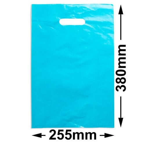 Medium Aqua Plastic Carry Bags 255x380mm (Qty:100) - dimensions
