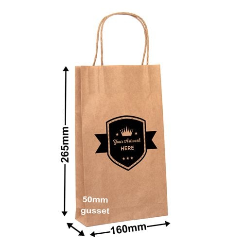Custom Printed Brown Paper Carry Bag 1 Colour 2 Sides 265x160mm - dimensions
