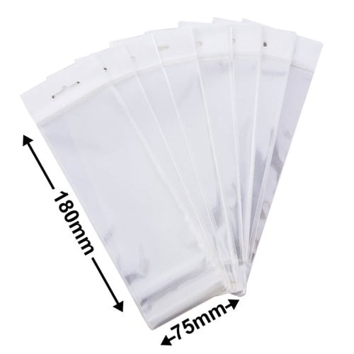 Hangsell Bags with White Headers 180x75mm 35µm (Qty:100) - dimensions