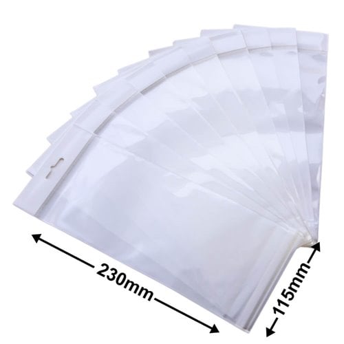 Hangsell Bags with White Headers 230x115mm 35µm (Qty:100) - dimensions
