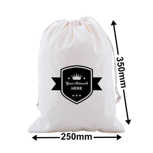 Custom Calico Drawstring Bags 350x250mm 1 Colour 1 Side - dimensions