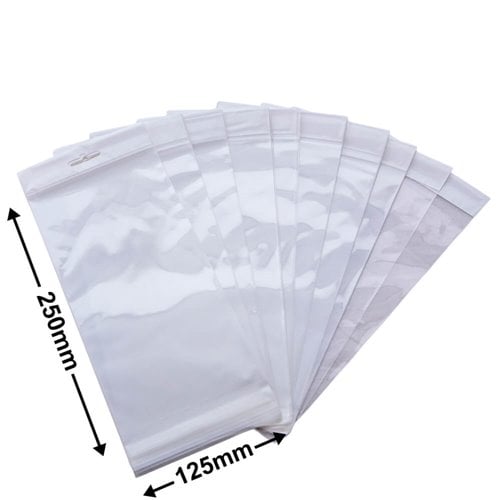Hangsell Bags with White Headers 250x125mm 35µm (Qty:100) - dimensions