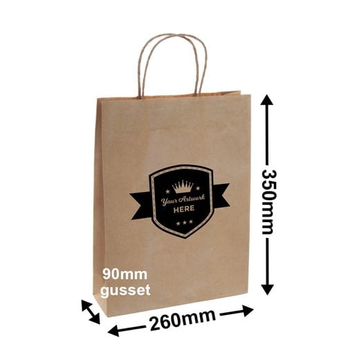 Custom Printed Brown Paper Carry Bags 350x260mm 1 Colour 1 Side - dimensions