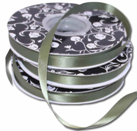 Double sided Satin Ribbon Olive 10mm wide x 30m per roll - dimensions