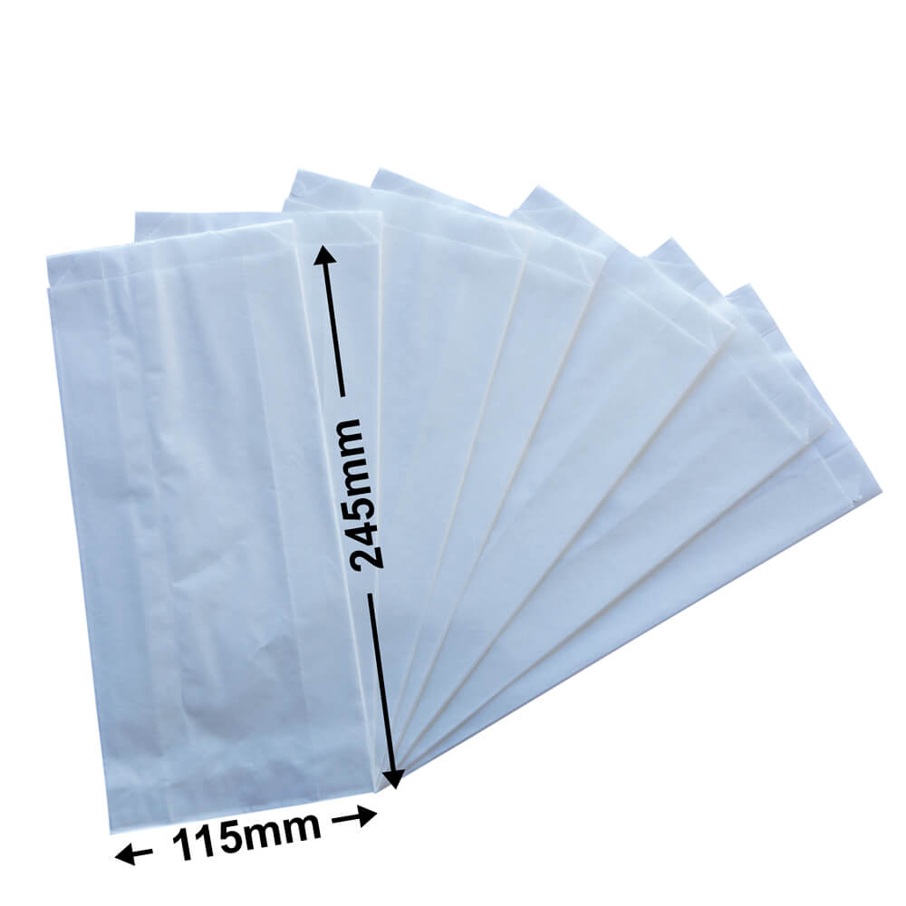Flat White Paper Bags Size 2 115x245mm & 50mm Gusset (Qty:500)