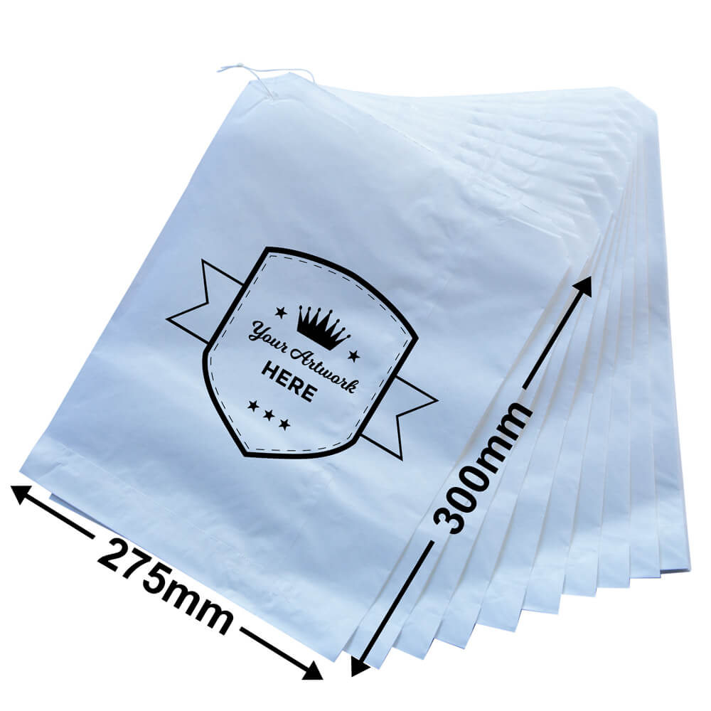 Medium Printed Flat White Paper Bags - Square 300mm x 275mm 1 Colour 2 Sides