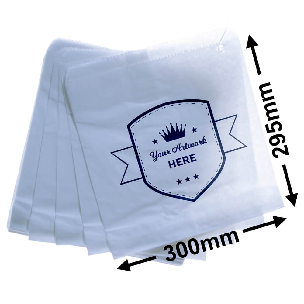 Large Printed Flat White Paper Bags - Square 300mm x 295mm 1 Colour 1 Side