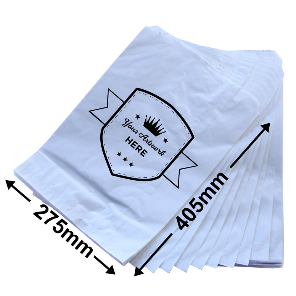 Extra Large Printed Flat White Paper Bags - Long 405mm x 275mm 1 Colour 1 Side