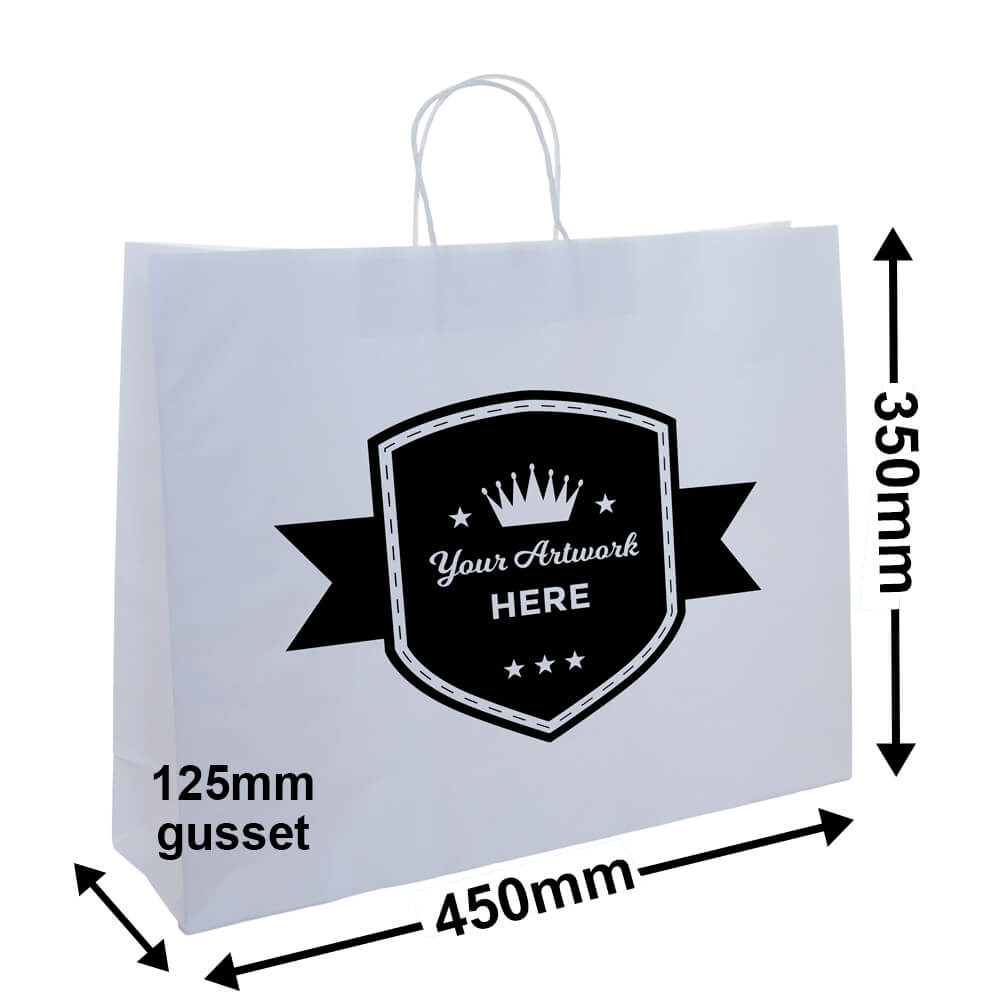 Custom Printed 1 Colour 1 Side Boutique White Paper Carry Bags 350x450mm