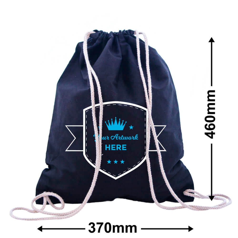 Custom Printed 2 Colours 2 Sides Black Calico Drawstring Bags 460x370mm