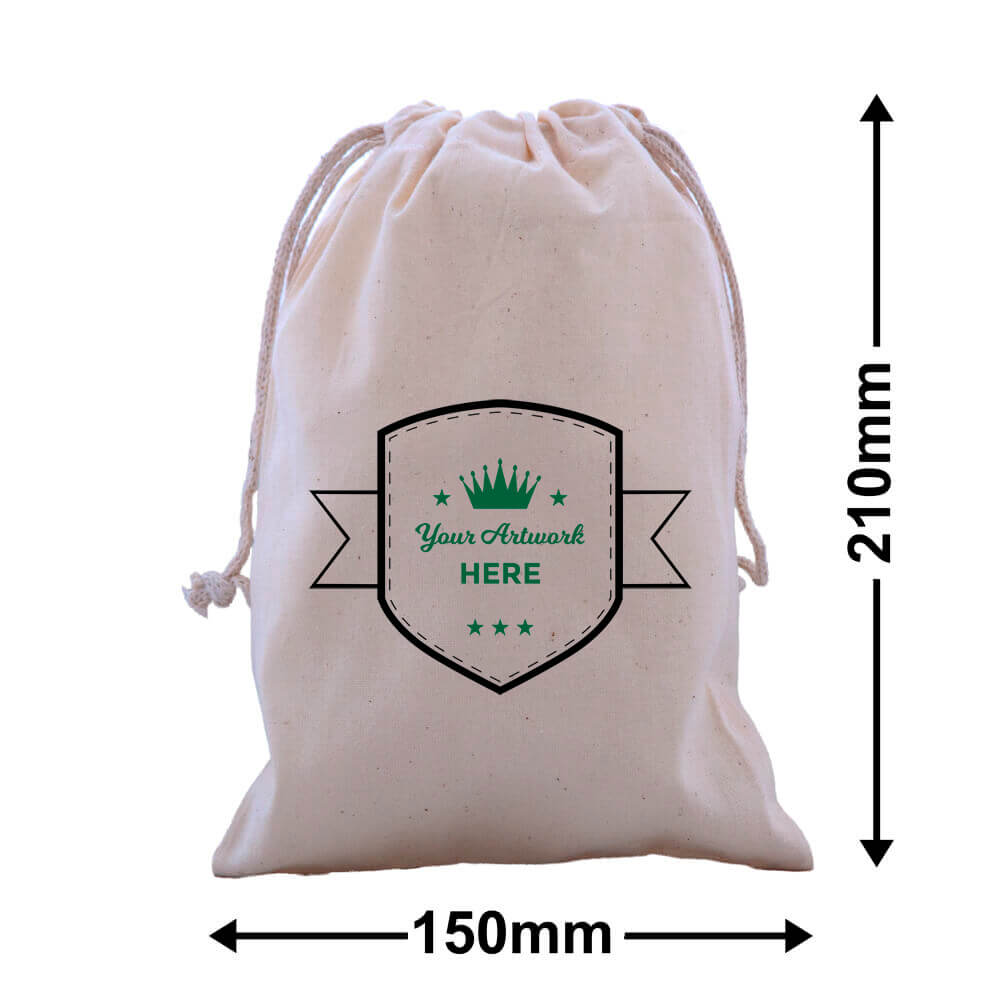 Custom Printed 2 Colours 2 Sides Calico Drawstring Bags 210x150mm