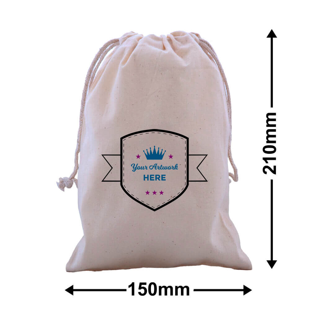 Custom Printed 3 Colours 2 Sides Calico Drawstring Bags 210x150mm