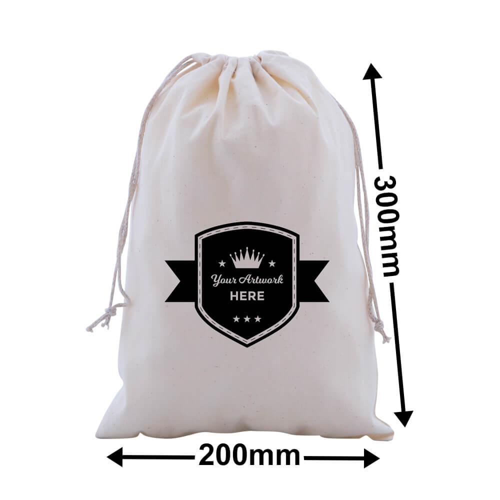 Custom Printed Calico Drawstring Bags 300x200mm 1 Colour 1 Side