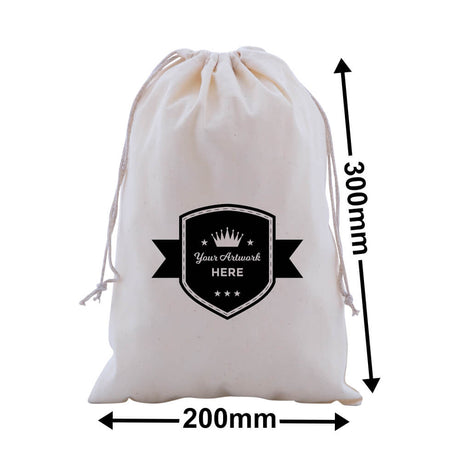 Custom Printed Calico Drawstring Bags 300x200mm 1 Colour 1 Side