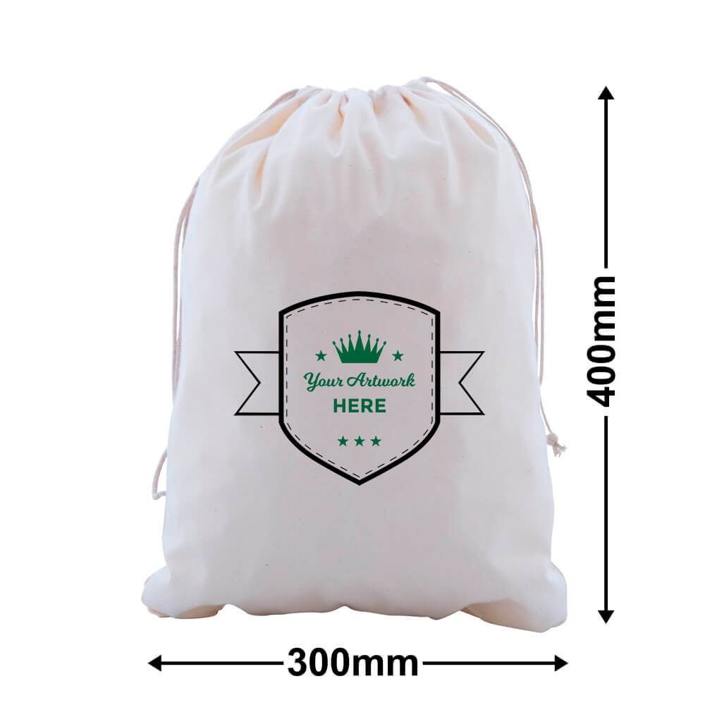 Custom Print Large Calico Carry Bags 2 Colours 2 Sides 400x300mm