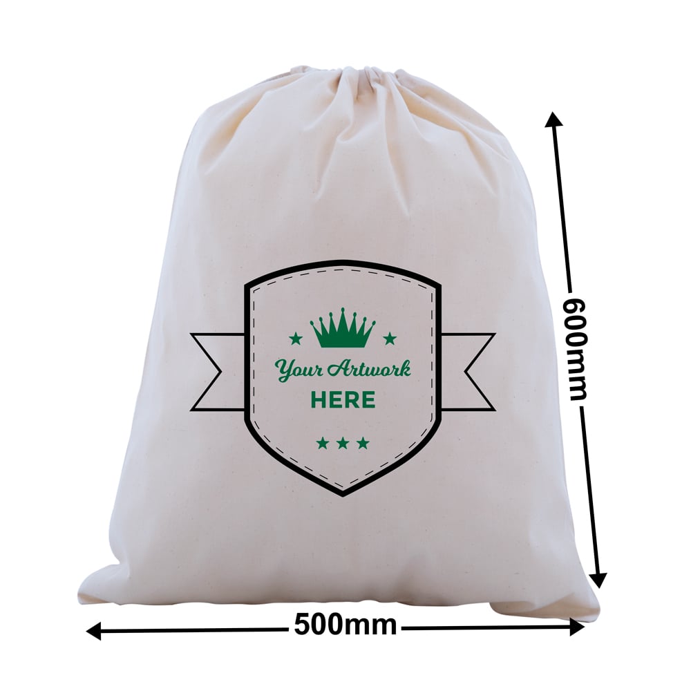 Custom Printed Calico Drawstring Bags 2 Colours 1 Side 600x500mm