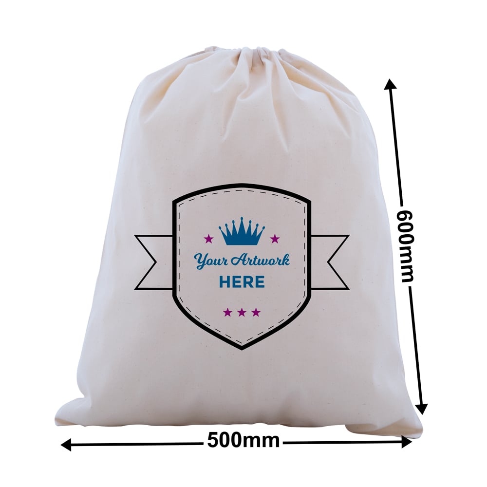 Custom Printed Calico Drawstring Bags 3 Colours 1 Side 600x500mm