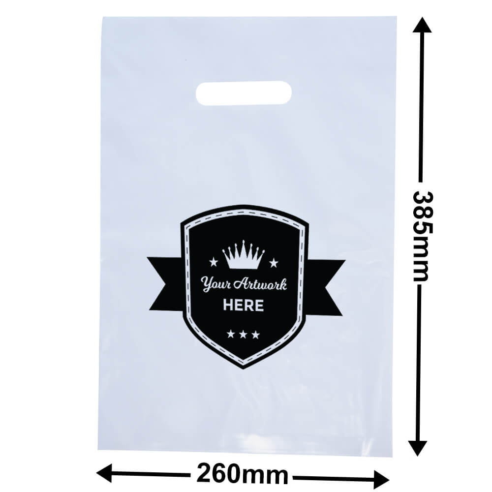 Custom Printed White Plastic Carry Bags 385x260mm 1 Colour 1 Side