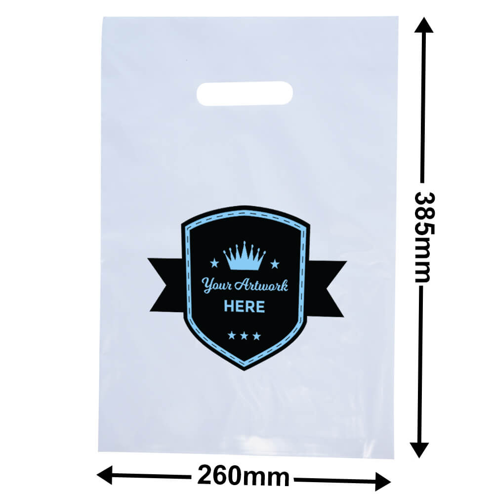 Custom Printed White Plastic Carry Bags 385x260mm 2 Colours 1 Side