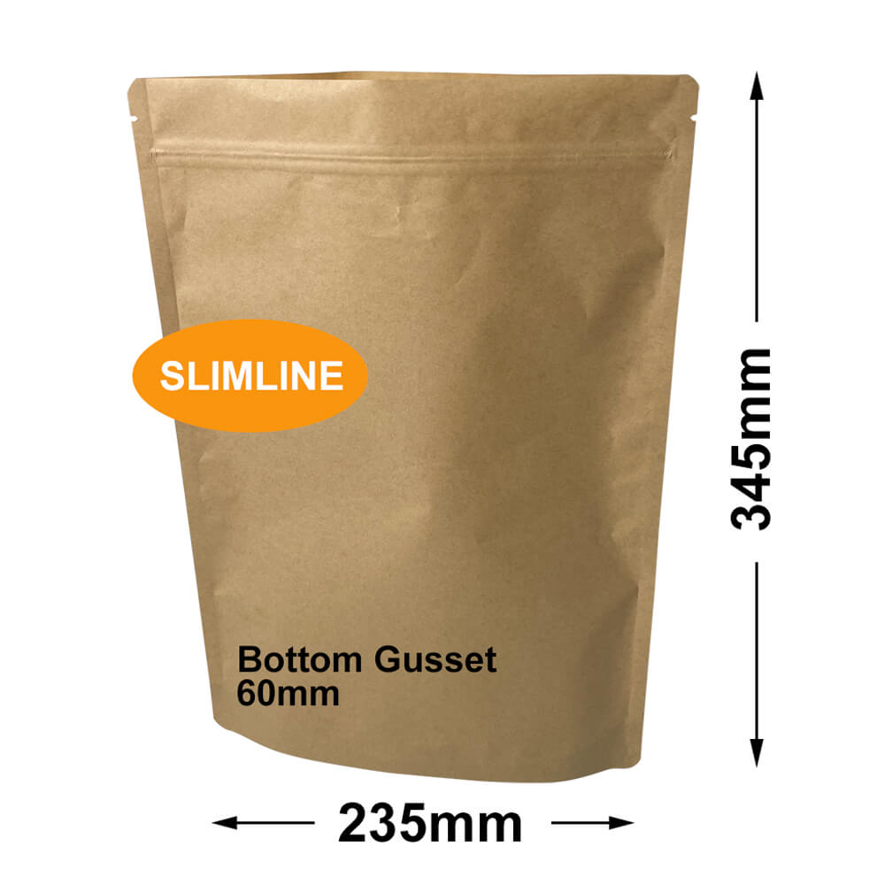 Slimline Kraft Paper Pouch Bags 235x345mm & 60mm Bottom Gusset (Qty:100)