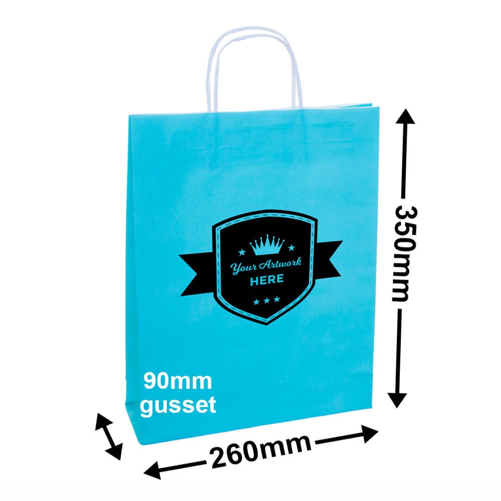 Custom Printed 350x260mm Coloured Paper Bags (8 Colours) 1 Colour 1 Side