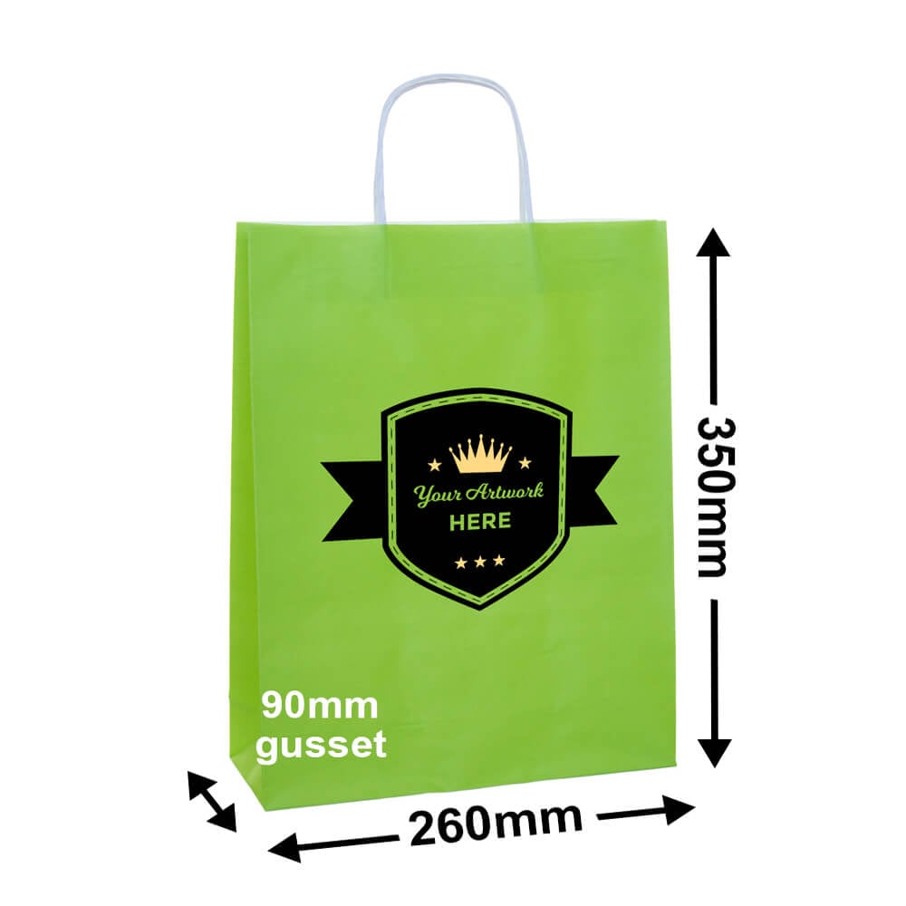 Custom Printed 350x260mm Coloured Paper Bags (8 Colours) 2 Colours 2 Sides