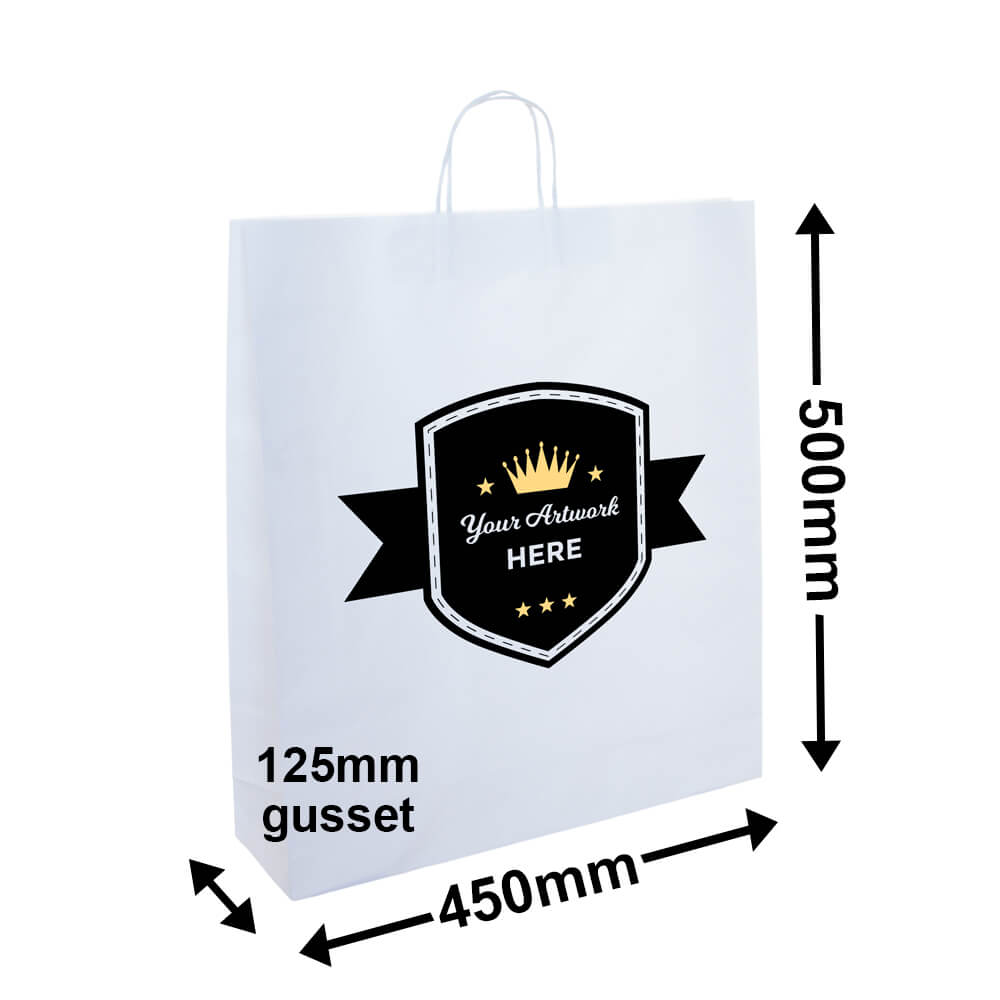 Custom Printed XL White Paper Carry Bags 2 Colours 2 Sides