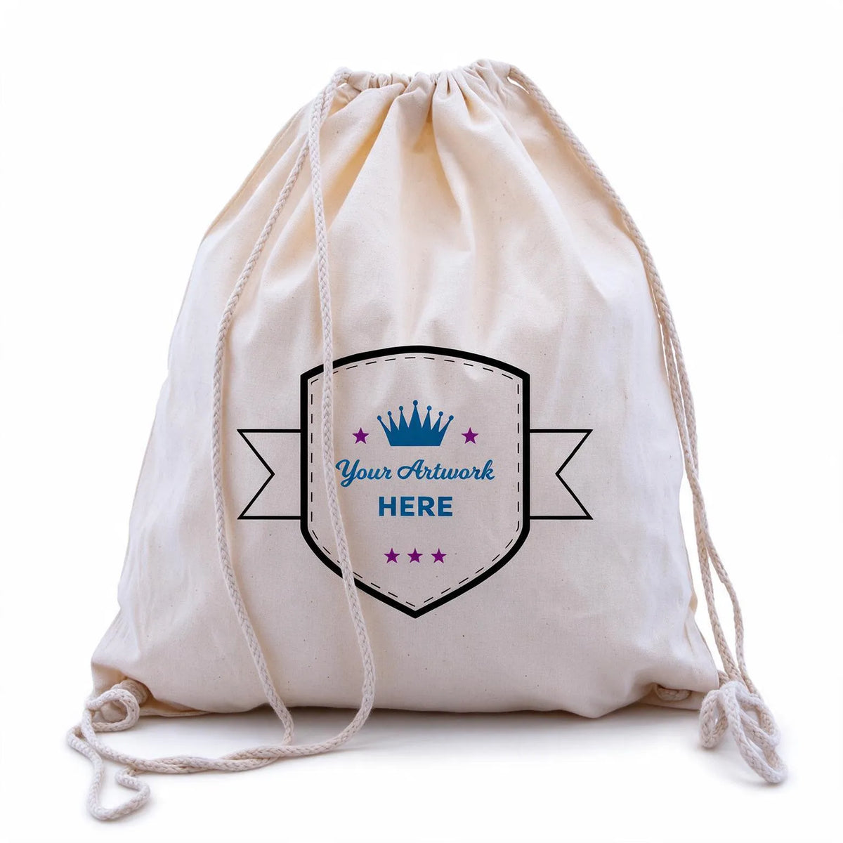 custom printed 3 colours 2 sides calico drawstring bags 460x370mm, front view