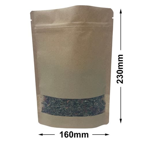 Stand-Up Resealable Kraft Paper Pouch Bags with Window 230x160mm (Qty:100)