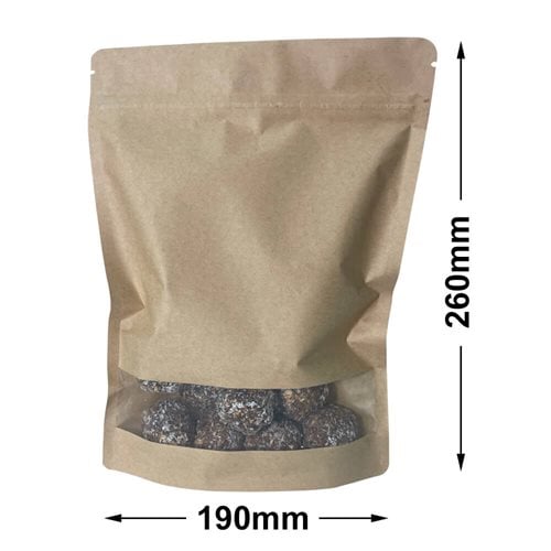 Stand-Up Resealable Kraft Paper Pouch Bags with Window 260x190mm (Qty:100)