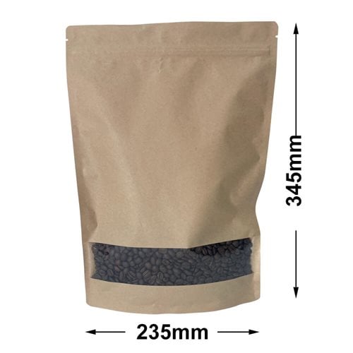 Stand-Up Resealable Kraft Paper Pouch Bags with Window 345x235mm (Qty:100)