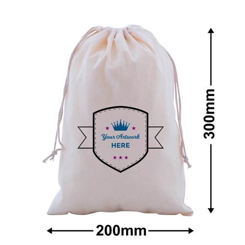 Custom Printed Calico Drawstring Bags 300x200mm 3 Colours 1 Side - dimensions