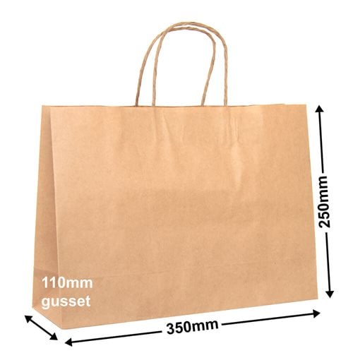 A4 Boutique Brown Paper Carry Bags 350x250mm (Qty:250) - dimensions