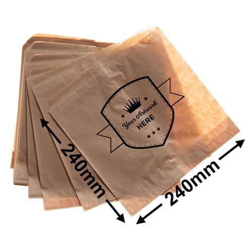 Small printed flat brown paper bags - Square 240mm x 240mm 1 Colour 1 Side - dimensions
