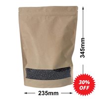 Slimline Kraft Paper Pouch Bags with Window 235x345mm & 60mm Bottom Gusset (Qty:100)