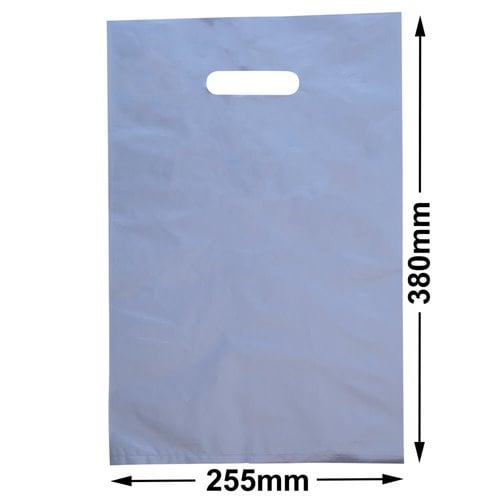 Medium Silver Plastic Carry Bags 255x380mm (Qty:100) - dimensions