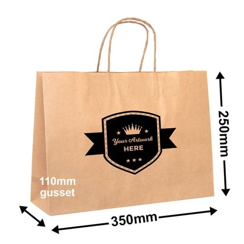 Custom Printed 1 Colour 2 Sides Boutique Brown Paper Carry Bags 250x350mm - dimensions