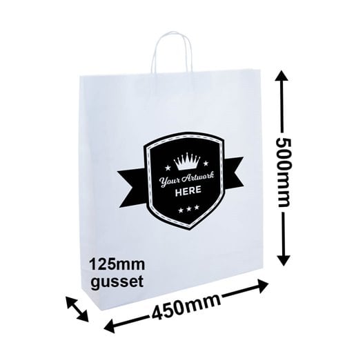 Custom Printed XL White Paper Carry Bags 1 Colour 2 Sides - dimensions