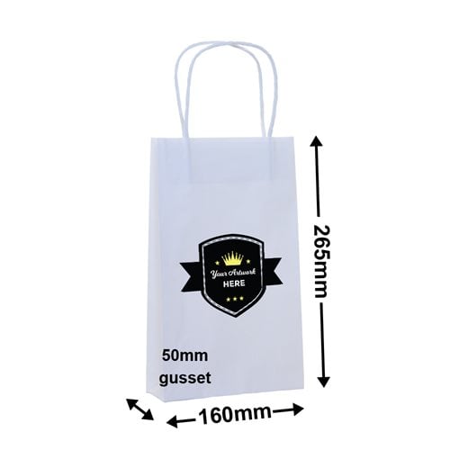 Custom Printed White Paper Carry Bags 2 Colours 1 Side 265x160mm - dimensions