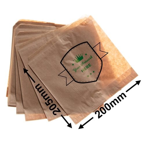 Extra small printed flat brown paper bags - Square 205mm x 200mm 2 Colours 2 Sides - dimensions