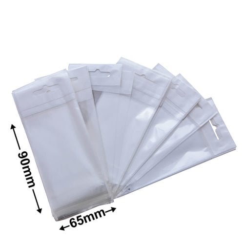 Hangsell Bags with White Headers 90x65mm 35µm (Qty:100) - dimensions
