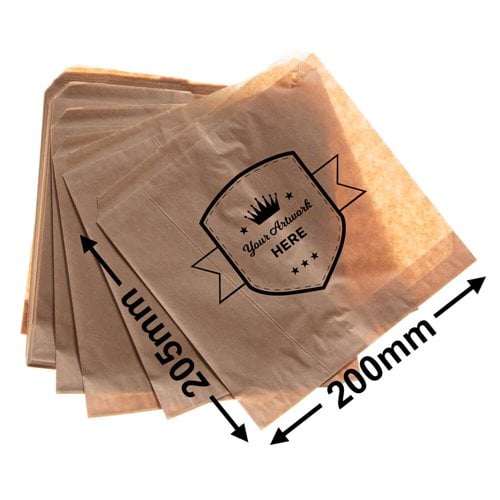 Extra small printed flat brown paper bags - Square 205mm x 200mm 1 Colour 2 Sides - dimensions