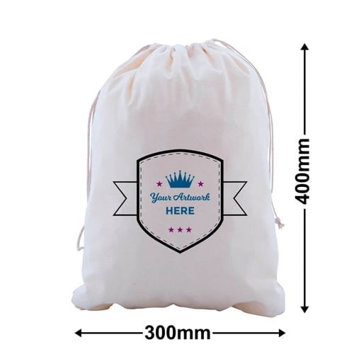 Custom Print Large Calico Carry Bags 3 Colours 2 Sides 400x300mm - dimensions