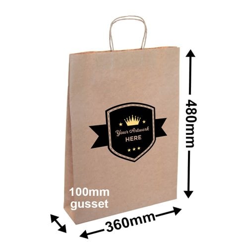 Custom Printed Large Brown Paper Carry Bags 2 Colours 1 Side 480x340mm - dimensions