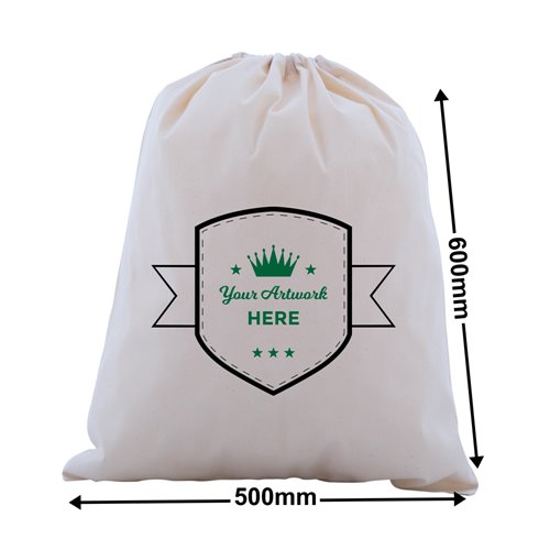 Custom Printed Calico Drawstring Bags 2 Colours 2 Sides 600x500mm - dimensions