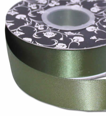 Double sided Satin Ribbon Olive 25mm wide x 30m per roll - dimensions